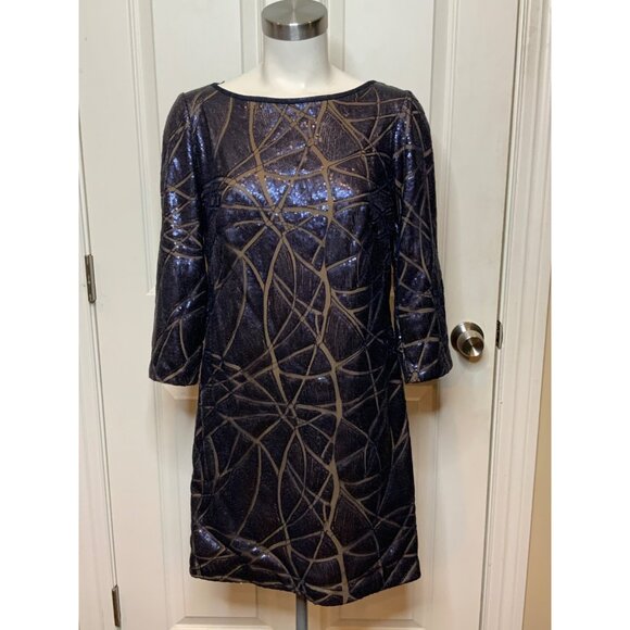 Tadashi Shoji Blue Sequin Paneled Mesh Dress, Size 4 - Picture 1 of 7